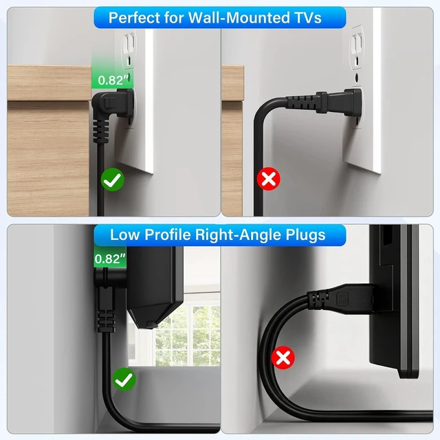 Alt view image 2 of 6 - Non-Polarized 2-Prong Replacement TV Power Cord 15 Ft 90 Degree 1-15P to IEC 320 C7 Up/Down Angled Figure 8 AC Supply Cable for Smart TV LCD LED Xbox 18/2 AWG-ETL-Black