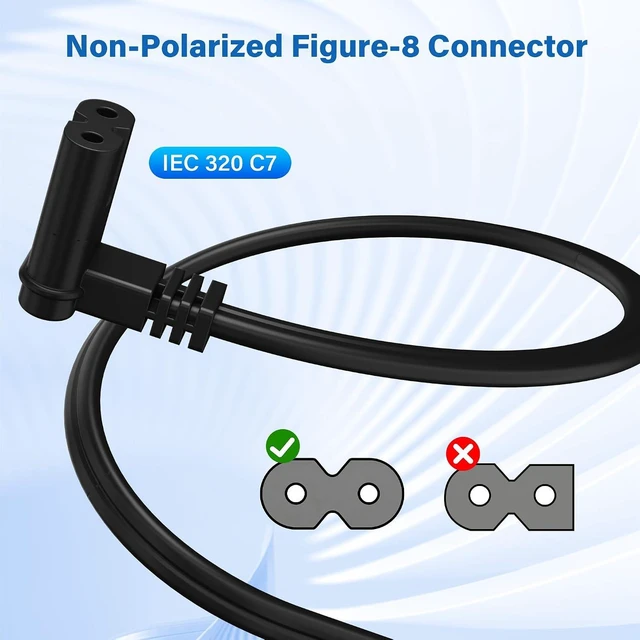 Alt view image 4 of 6 - Non-Polarized 2-Prong Replacement TV Power Cord 15 Ft 90 Degree 1-15P to IEC 320 C7 Up/Down Angled Figure 8 AC Supply Cable for Smart TV LCD LED Xbox 18/2 AWG-ETL-Black