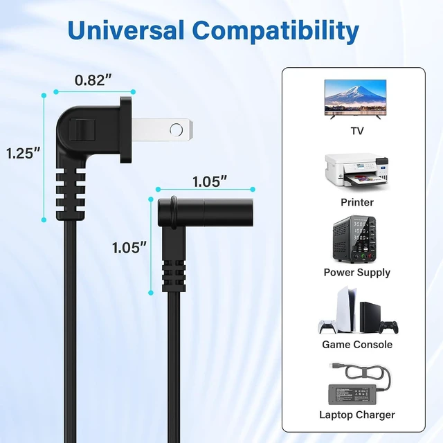 Alt view image 6 of 6 - Non-Polarized 2-Prong Replacement TV Power Cord 15 Ft 90 Degree 1-15P to IEC 320 C7 Up/Down Angled Figure 8 AC Supply Cable for Smart TV LCD LED Xbox 18/2 AWG-ETL-Black