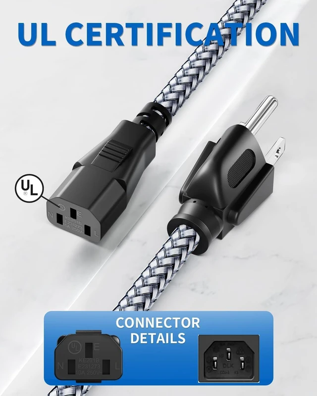 Alt view image 5 of 7 - Power Cord - 3 Pin Power Cord Braided 10FT/3m AC Replacement Power Cable 3 Prong Universal Power Cord for Monitor PS3 Xbox-360 TV Computer Printer PC and More(10A 110V-250V 18AWG)