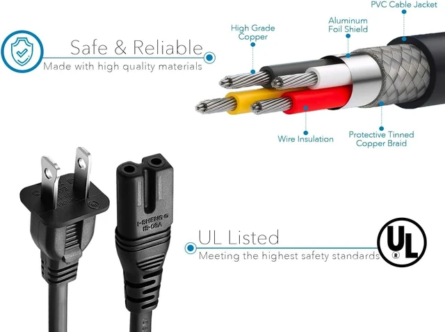 Alt view image 5 of 7 - Chanzon 10Ft Vizio Power Cord 7A 125V 2 Prong NEMA-1-15P IEC320-C7 Plug