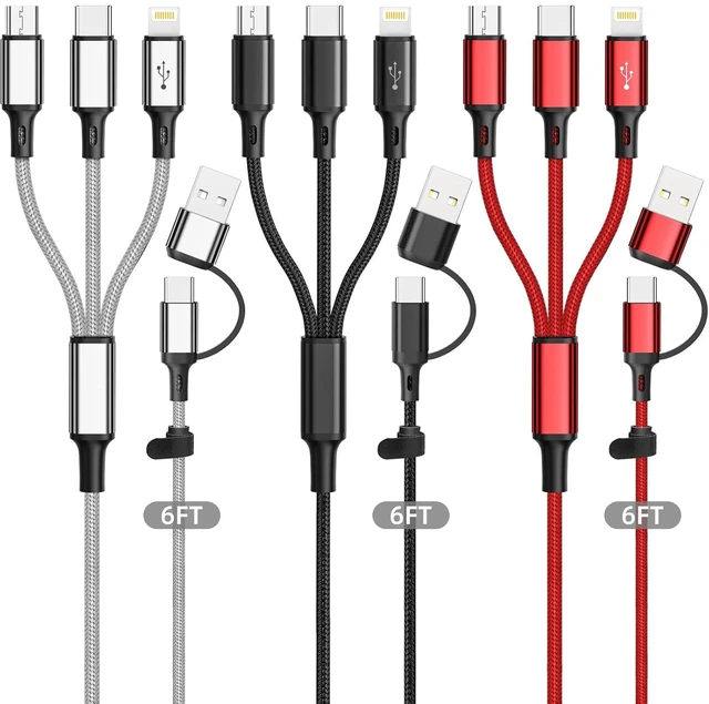 Main image of Multi Charging Cable 3Pack-6ft 6 in 1 Multiple Phone Charger Cable - Universal USB A/C to Lightning/Type C/Micro USB Port for Cell Phone (Gray Black Red)