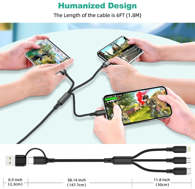 Alt view image 7 of 7 - Multi Charging Cable 3Pack-6ft 6 in 1 Multiple Phone Charger Cable - Universal USB A/C to Lightning/Type C/Micro USB Port for Cell Phone (Gray Black Red)