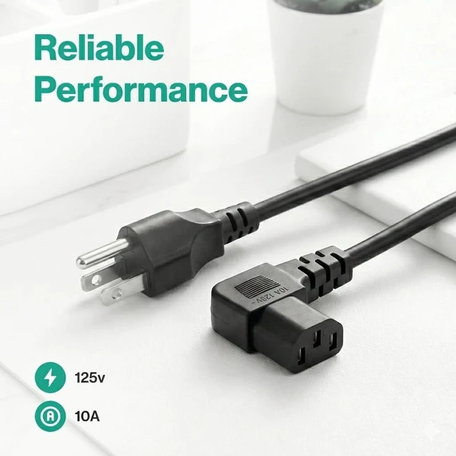 Alt view image 2 of 7 - 3 Prong 5ft AC Power Cord Right Angle 90 Degree Plug C13 Power Cable Replacement for TV PC Monitor and Computer