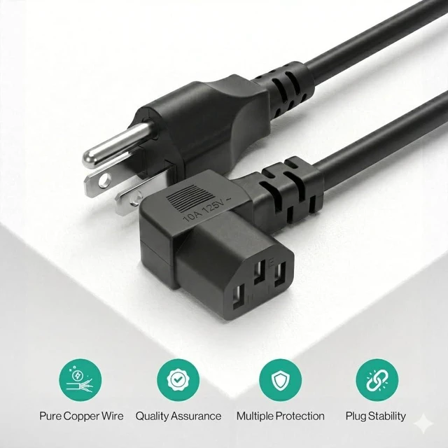 Alt view image 5 of 7 - 3 Prong 5ft AC Power Cord Right Angle 90 Degree Plug C13 Power Cable Replacement for TV PC Monitor and Computer