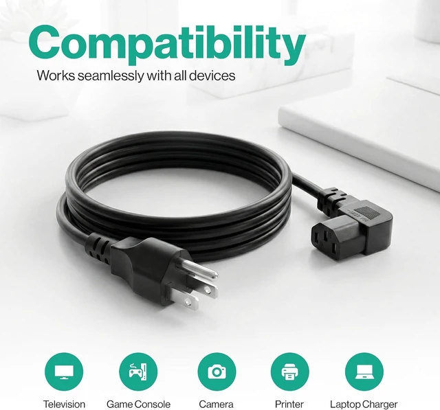 Alt view image 4 of 7 - 3 Prong 5ft AC Power Cord Right Angle 90 Degree Plug C13 Power Cable Replacement for TV PC Monitor and Computer