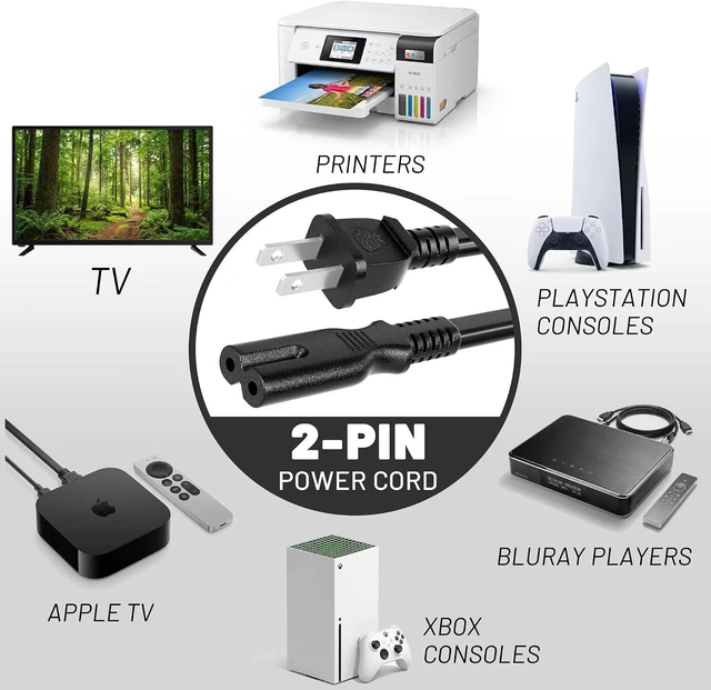 Alt view image 2 of 7 - Universal 6.6ft(2m) Power Cord 2-Prong Pure Copper ETL Black