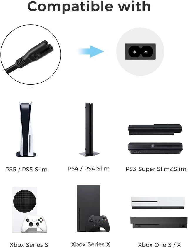 Alt view image 2 of 7 - Power Cord for Xbox Series S/X Xbox One S/X PS5/PS4/PS3 Slim