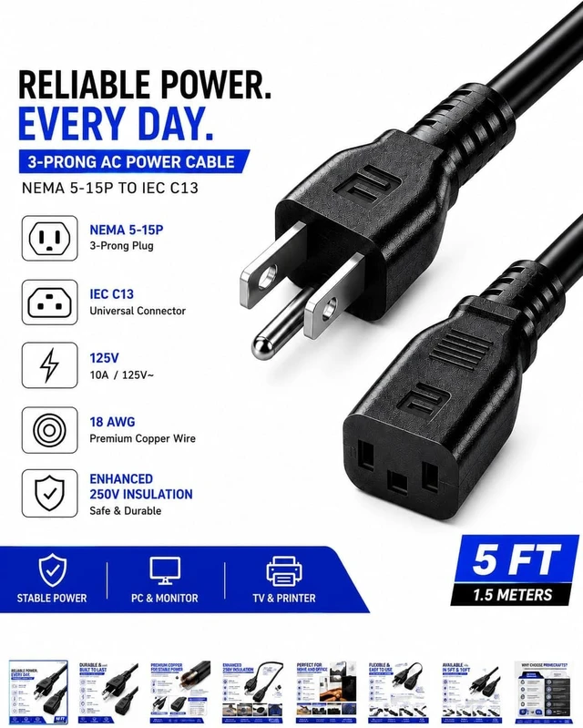 Alt view image 2 of 7 - 3 Prong AC Power Cord 5 FT/1.5M - NEMA 5-15P to IEC C13 - Computer PC Cable