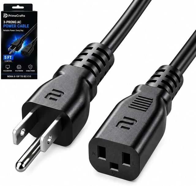 Main image of 3 Prong AC Power Cord 5 FT/1.5M - NEMA 5-15P to IEC C13 - Computer PC Cable
