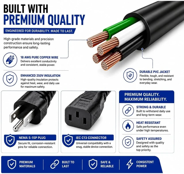 Alt view image 4 of 7 - 3 Prong AC Power Cord 5 FT/1.5M - NEMA 5-15P to IEC C13 - Computer PC Cable