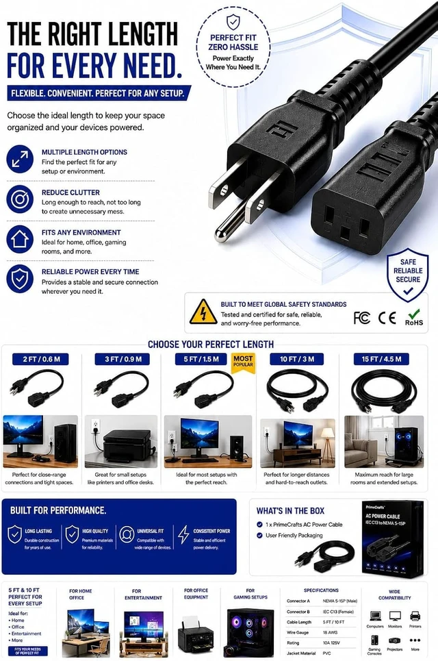 Alt view image 7 of 7 - 3 Prong AC Power Cord 5 FT/1.5M - NEMA 5-15P to IEC C13 - Computer PC Cable