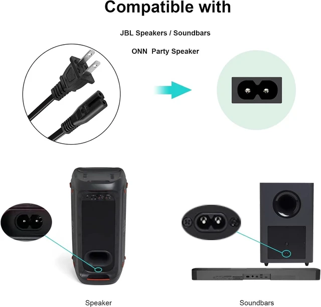 Alt view image 2 of 4 - Power Cord for JBL PartyBox 100 110 200 300 310 710 1000 On-The-Go Speaker ONN Party Speaker JBL Soundbar 2 Prong Charger Cable Replacement