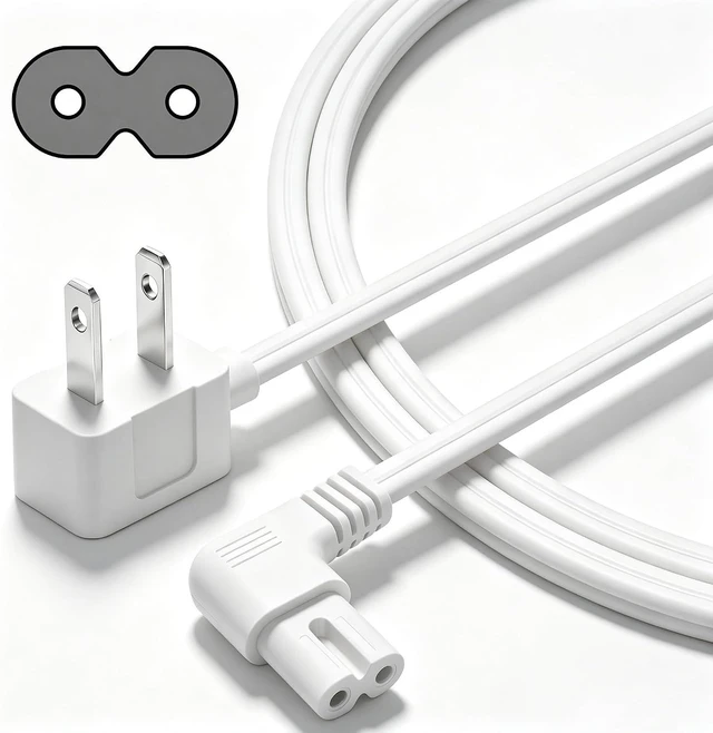 Main image of Non-Polarized 90 Degree Replacement TV Power Cord 10 Ft 2-Prong 1-15P Flat Plug to Low Profile L-Shaped Angled IEC 320 C7 C8 Figure 8 AC Supply Cable for TV 18/2 AWG-ETL-White