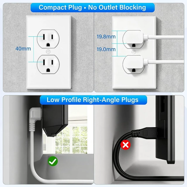 Alt view image 2 of 7 - Non-Polarized 90 Degree Replacement TV Power Cord 10 Ft 2-Prong 1-15P Flat Plug to Low Profile L-Shaped Angled IEC 320 C7 C8 Figure 8 AC Supply Cable for TV 18/2 AWG-ETL-White