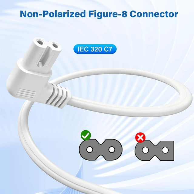 Alt view image 4 of 7 - Non-Polarized 90 Degree Replacement TV Power Cord 10 Ft 2-Prong 1-15P Flat Plug to Low Profile L-Shaped Angled IEC 320 C7 C8 Figure 8 AC Supply Cable for TV 18/2 AWG-ETL-White