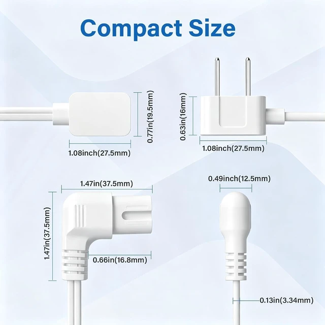 Alt view image 5 of 7 - Non-Polarized 90 Degree Replacement TV Power Cord 10 Ft 2-Prong 1-15P Flat Plug to Low Profile L-Shaped Angled IEC 320 C7 C8 Figure 8 AC Supply Cable for TV 18/2 AWG-ETL-White