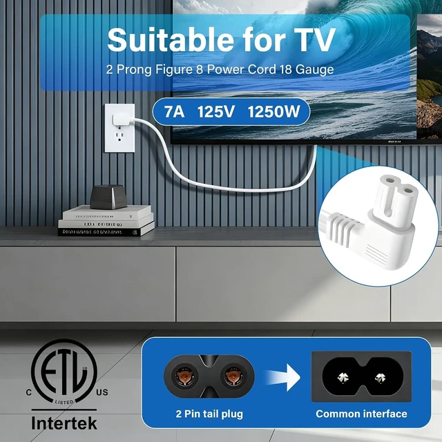 Alt view image 6 of 7 - Non-Polarized 90 Degree Replacement TV Power Cord 10 Ft 2-Prong 1-15P Flat Plug to Low Profile L-Shaped Angled IEC 320 C7 C8 Figure 8 AC Supply Cable for TV 18/2 AWG-ETL-White
