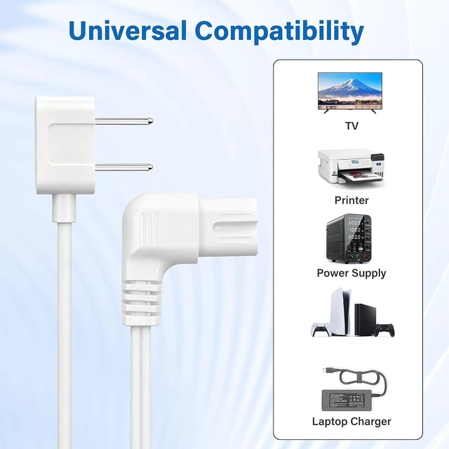 Alt view image 7 of 7 - Non-Polarized 90 Degree Replacement TV Power Cord 10 Ft 2-Prong 1-15P Flat Plug to Low Profile L-Shaped Angled IEC 320 C7 C8 Figure 8 AC Supply Cable for TV 18/2 AWG-ETL-White