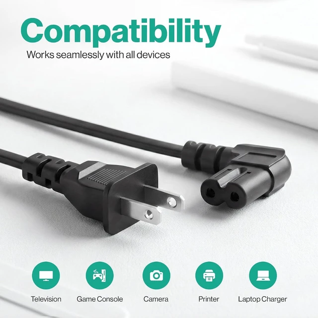 Alt view image 4 of 7 - AC 90 Degree Right Angle 2 Prong TV Power Cord Replacement 5ft L Shaped Angled IEC C7 TV Cable for TCL Hisense Vizio Insignia Sharp Toshiba