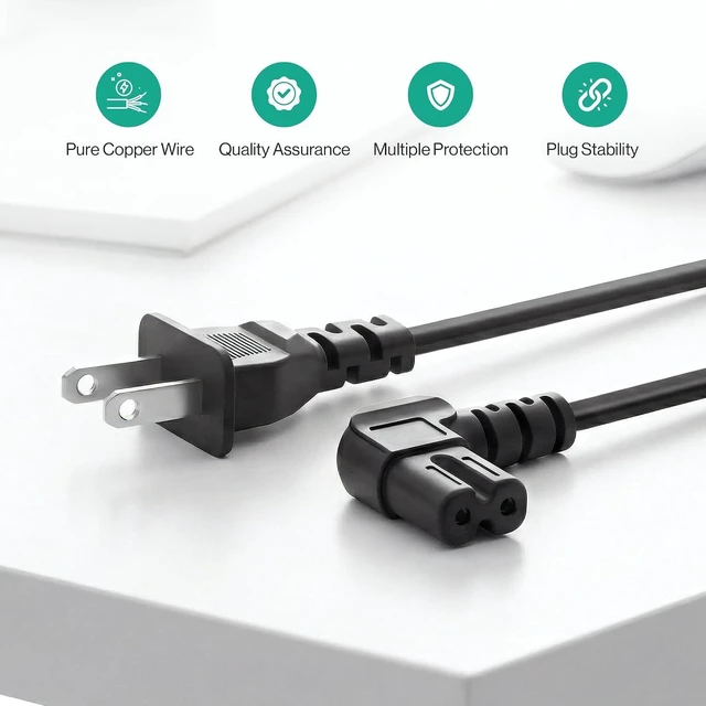 Alt view image 5 of 7 - AC 90 Degree Right Angle 2 Prong TV Power Cord Replacement 5ft L Shaped Angled IEC C7 TV Cable for TCL Hisense Vizio Insignia Sharp Toshiba