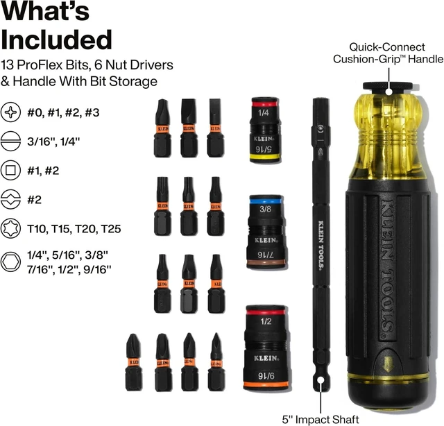 Alt view image 2 of 7 - Klein Tools 32303HD Impact Driver Set 20-in-1 SAE Impact Rated Sockets and Screwdriver Tool with Phillips Slotted Square and Torx Tips