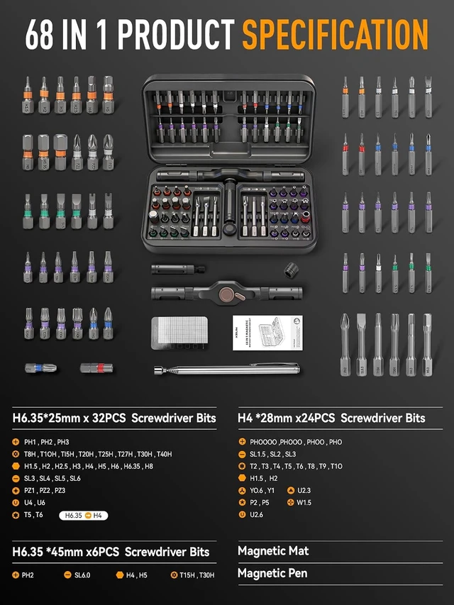 Alt view image 6 of 7 - 68 IN 1 Magnetic Ratchet Screwdriver Set with Detachable T Handle