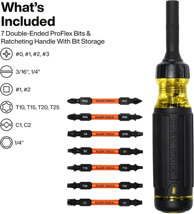 Alt view image 2 of 7 - Klein Tools 32315HD 15-in-1 Multi-Bit Ratcheting Screwdriver Impact-Rated 7 Double-Ended ProFlex Torsion Zone Tips 1/4-Inch Nut Driver 8-Piece