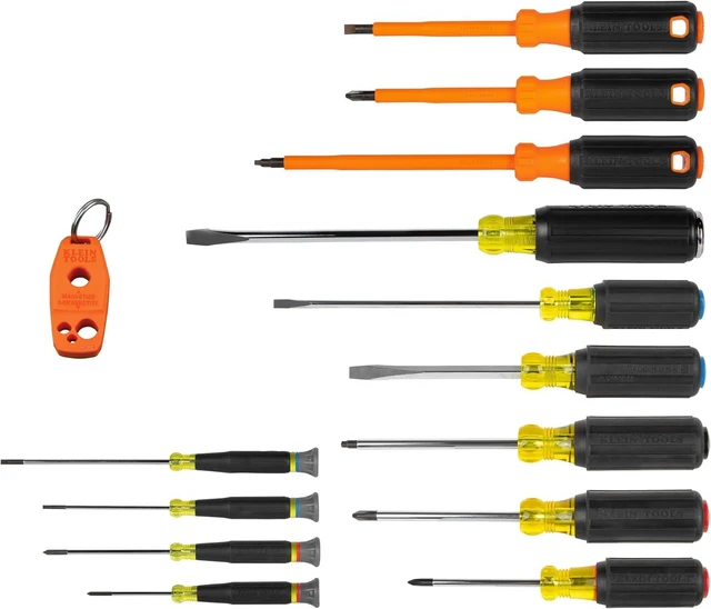 Main image of Klein Tools 85814 14-Piece Screwdriver Set 4 Precision 5 Standard Drivers with Color-Coded Handles 3 Insulated Screwdrivers 1 Demolition Driver and Magnetizer