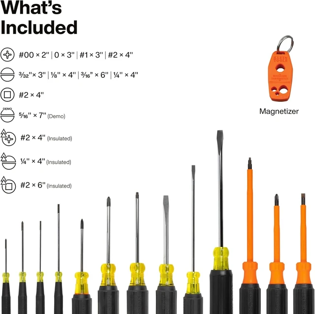 Alt view image 2 of 7 - Klein Tools 85814 14-Piece Screwdriver Set 4 Precision 5 Standard Drivers with Color-Coded Handles 3 Insulated Screwdrivers 1 Demolition Driver and Magnetizer