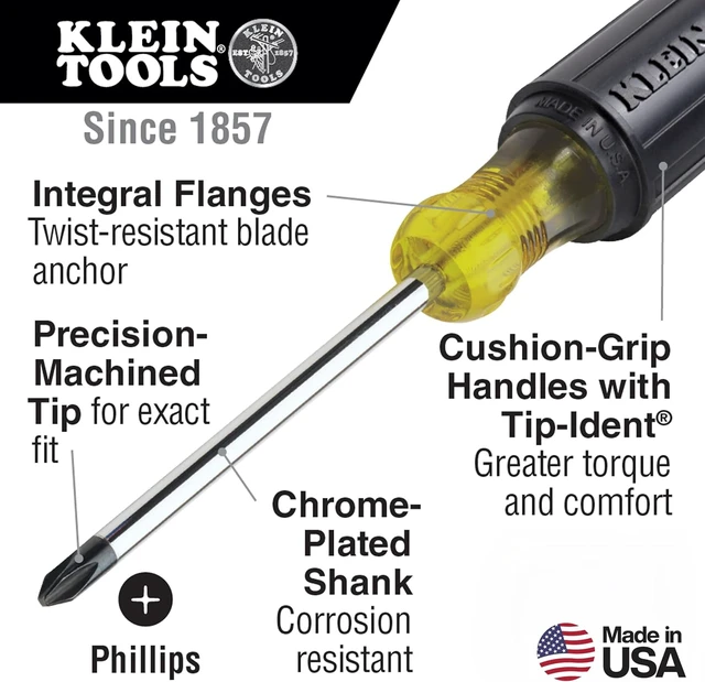 Alt view image 3 of 7 - Klein Tools 85442 Klein Tools 85442 Screwdriver 2-Piece Set Made in USA 1/4 Keystone and #2 Phillips Cushion Grip Round and Square Shank Heat Treated Home Improvement