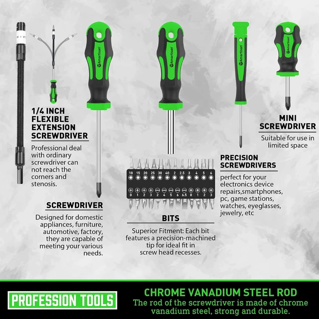 Alt view image 3 of 7 - Magnetic Screwdrivers Set with Case 43-piece Includs Slotted Phillips Hex Pozidriv Torx and Precision Screwdriver Set Magnetizer Demagnetizer Tools Tools for Men (Green))