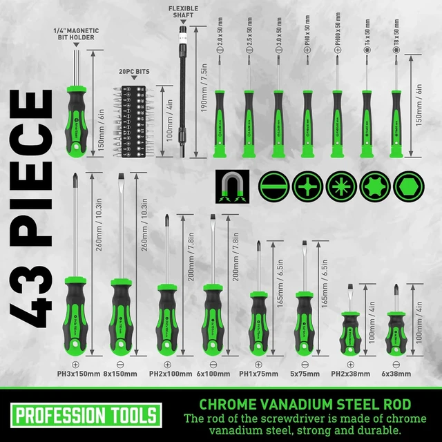 Alt view image 5 of 7 - Magnetic Screwdrivers Set with Case 43-piece Includs Slotted Phillips Hex Pozidriv Torx and Precision Screwdriver Set Magnetizer Demagnetizer Tools Tools for Men (Green))