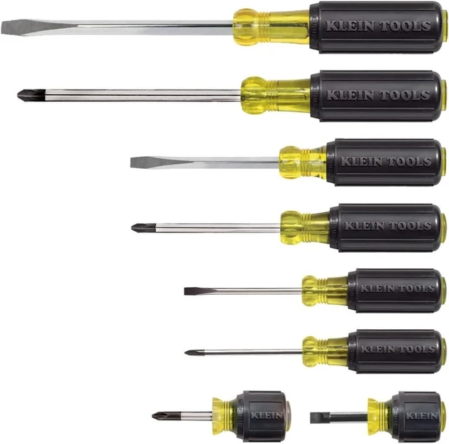 Main image of Klein Tools 85078 Screwdriver Set Made in USA All-Purpose Screwdriver Kit has 4 Phillips and 4 Flat Head Tips Non-Slip Cushion Grip 8-Piece