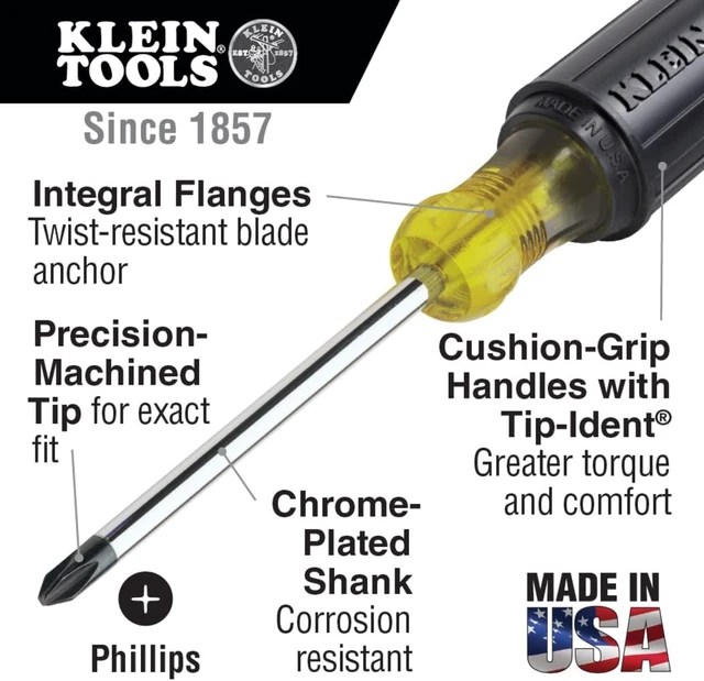 Alt view image 3 of 7 - Klein Tools 85078 Screwdriver Set Made in USA All-Purpose Screwdriver Kit has 4 Phillips and 4 Flat Head Tips Non-Slip Cushion Grip 8-Piece
