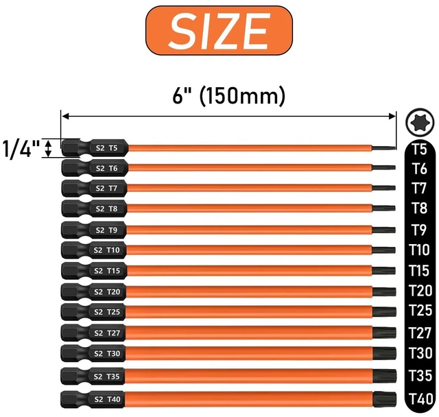Alt view image 2 of 7 - 13PCS 6-in Torx Screwdriver Bit Set T5-T40 Magnetic Torx Head Drill Bit Set