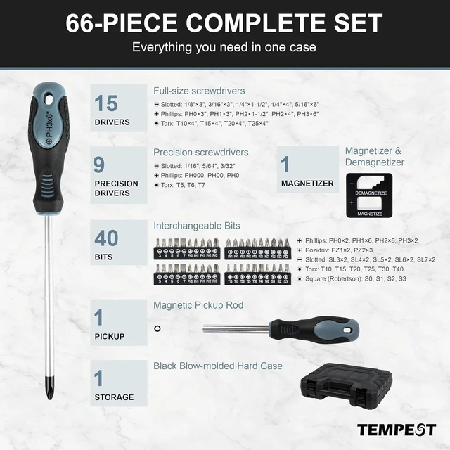 Alt view image 3 of 7 - TEMPEST 66-Piece Magnetic Screwdriver Set Household Tool Kit with CR-V Steel Precision & Full-Size Drivers Magnetizer & Demagnetizer Durable Storage Case for DIY Repairs Furniture & Appliances