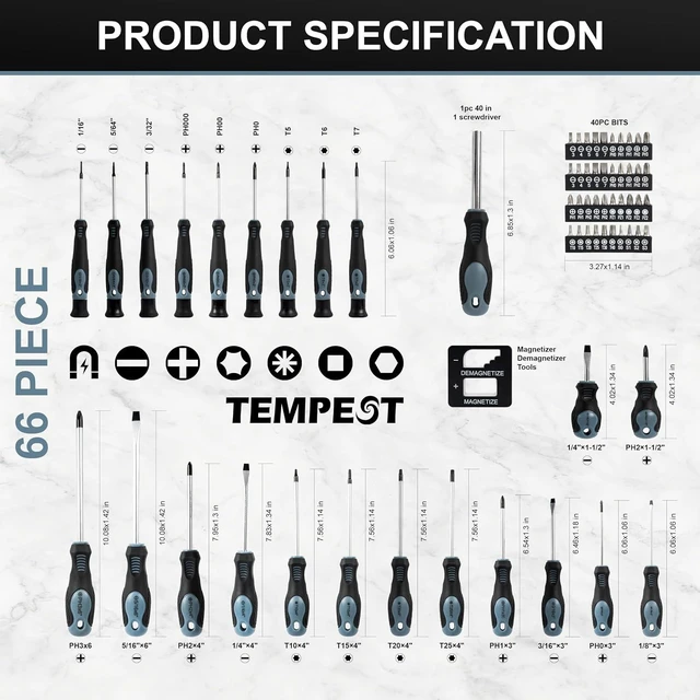 Alt view image 6 of 7 - TEMPEST 66-Piece Magnetic Screwdriver Set Household Tool Kit with CR-V Steel Precision & Full-Size Drivers Magnetizer & Demagnetizer Durable Storage Case for DIY Repairs Furniture & Appliances