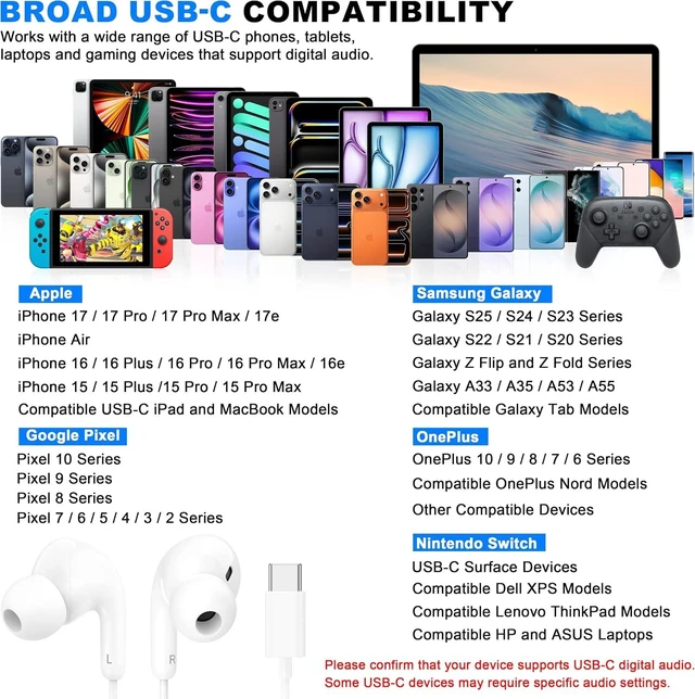Alt view image 5 of 7 - 2Pack Wired Earbuds USB C Headphones for iPhone 17 16 15 & all USB-C Device