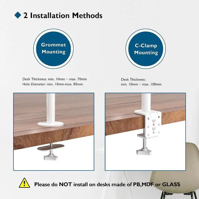 Alt view image 6 of 7 - BONTEC Dual Monitor Desk Mount, 13-27 Inch, 22lbs, VESA 75x75/100x100,White | Full Motion Adjustable Stand, Heavy Duty Arms, C Clamp and Grommet Base, Cable Management for Flexible Screen Positioning