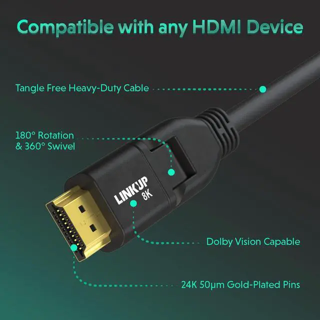 Alt view image 2 of 6 - LINKUP HDMI 2.1 8K Cable | 360 Swivel | 6 Ft | 48Gbps, DSC HDR UHD, 28AWG heavy duty, for Apple, Xbox, PS5, Samsung