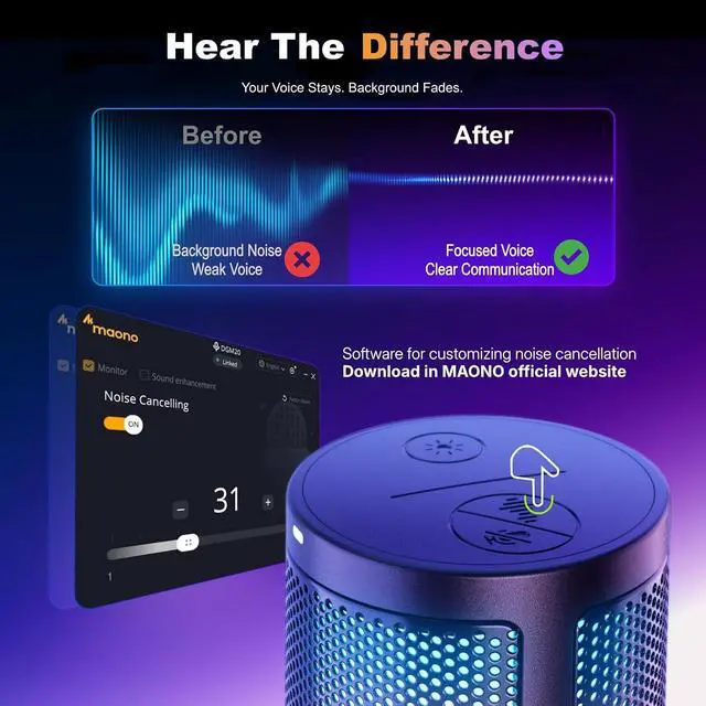 Alt view image 3 of 7 - MAONO DGM20S Gaming Microphone for PC with Clear Voice & Noise Reduction | RGB Lighting, Tap-to-mute, Gain Control, Headphone Monitoring and Boom Arm for Discord Gaming, Streaming, Content Creation