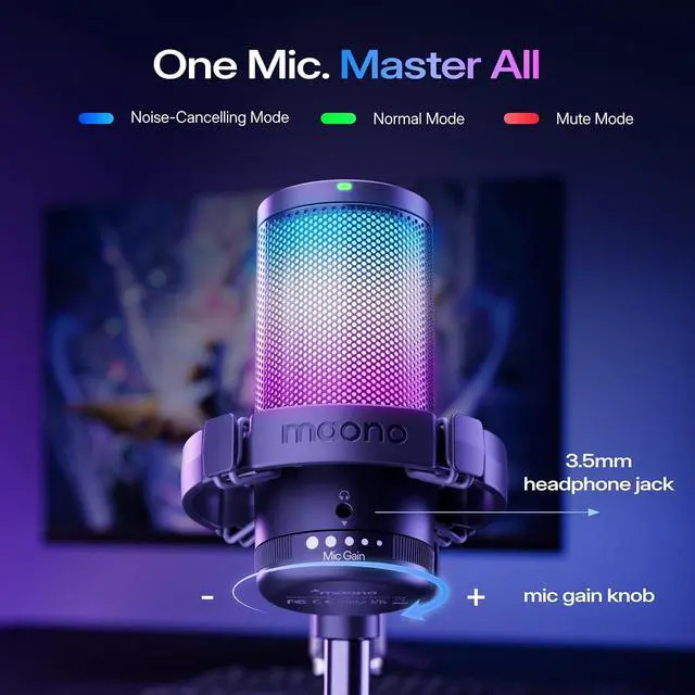 Alt view image 5 of 7 - MAONO DGM20S Gaming Microphone for PC with Clear Voice & Noise Reduction | RGB Lighting, Tap-to-mute, Gain Control, Headphone Monitoring and Boom Arm for Discord Gaming, Streaming, Content Creation