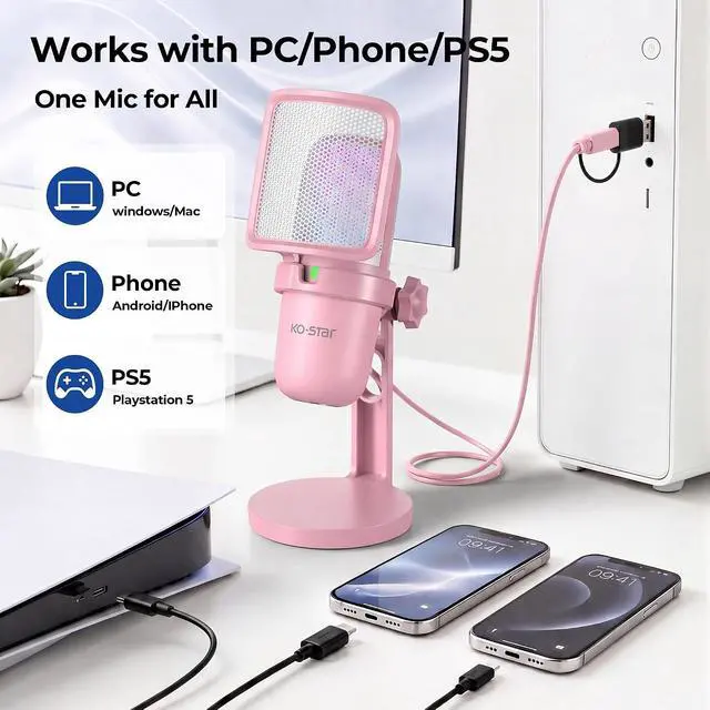 Alt view image 3 of 6 - RGB USB Microphone, Pink Gaming Mic for PC, PS5, Laptop, Phone, Condenser Mic with Touch Mute, Pop Filter, Cardioid Pickup, Plug & Play for Streaming, Podcast, Recording, Gaming