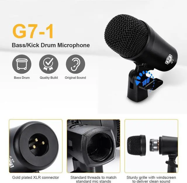 Alt view image 2 of 7 - W IN-MIX G7 7-Piece Drum Mic Kit All-Metal Construction with XLR Outputs, Dynamic Mics for Kick, Snare, Toms & Condenser Overheads for Studio Recording & Live Performance