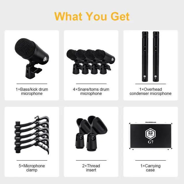 Alt view image 6 of 7 - W IN-MIX G7 7-Piece Drum Mic Kit All-Metal Construction with XLR Outputs, Dynamic Mics for Kick, Snare, Toms & Condenser Overheads for Studio Recording & Live Performance
