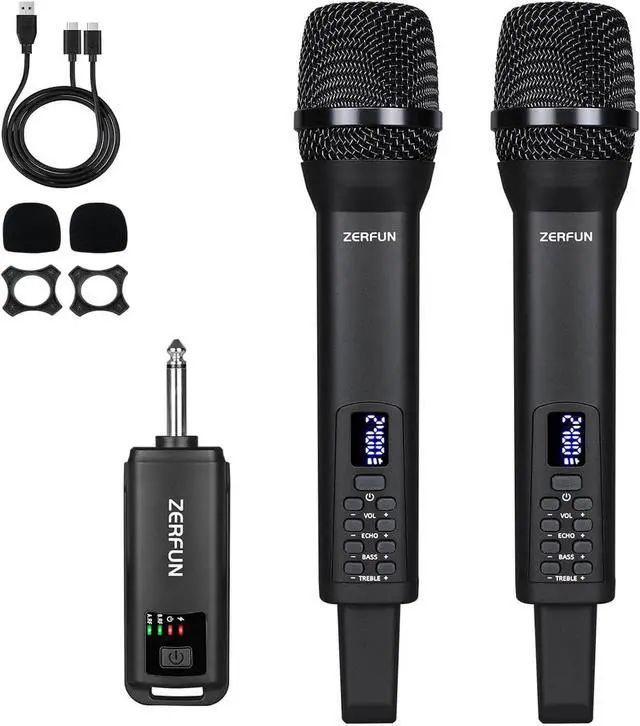 Main image of Dual Rechargeable Wireless Microphones, Pro Handheld Cordless Mics System with Echo Treble BASS VOL Control for Karaoke Singing Church Party, 1/4'' Output, Black