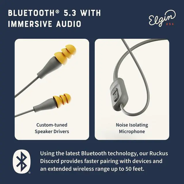 Alt view image 6 of 7 - Elgin Discord Gen 2 Bluetooth Earplug Earbuds, Wireless Headphones | OSHA Compliant Noise-Isolating Safety, All-Weather Earphones for Industrial Work, and High-Noise Environments