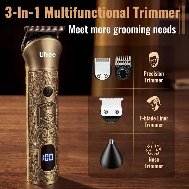 Alt view image 3 of 7 - Ufree Hair Clippers for Men, Beard Trimmer, Foil Shaver 3-in-1 Grooming Kit | Type-C Fast Charging & LED Display Pro Cordless Barber Clipper for Home Haircuts, T-Blade for Seamless Fades, for All Hair