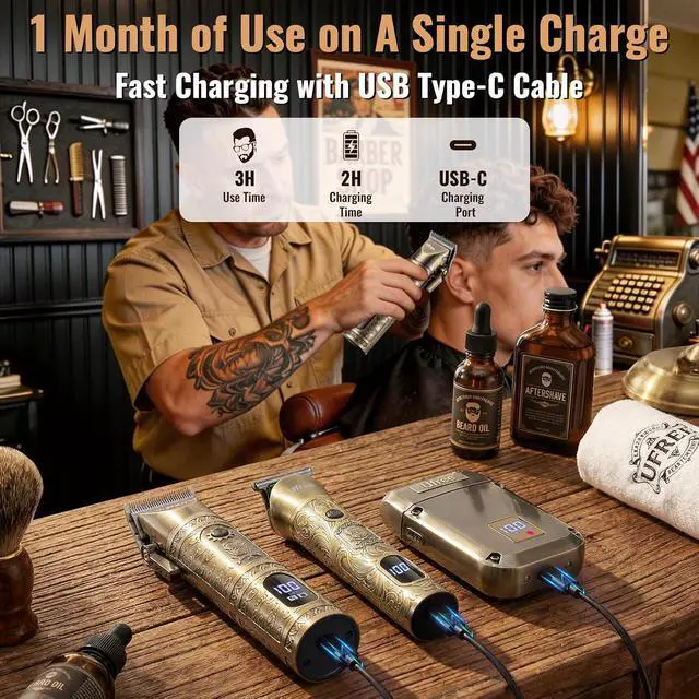 Alt view image 7 of 7 - Ufree Hair Clippers for Men, Beard Trimmer, Foil Shaver 3-in-1 Grooming Kit | Type-C Fast Charging & LED Display Pro Cordless Barber Clipper for Home Haircuts, T-Blade for Seamless Fades, for All Hair